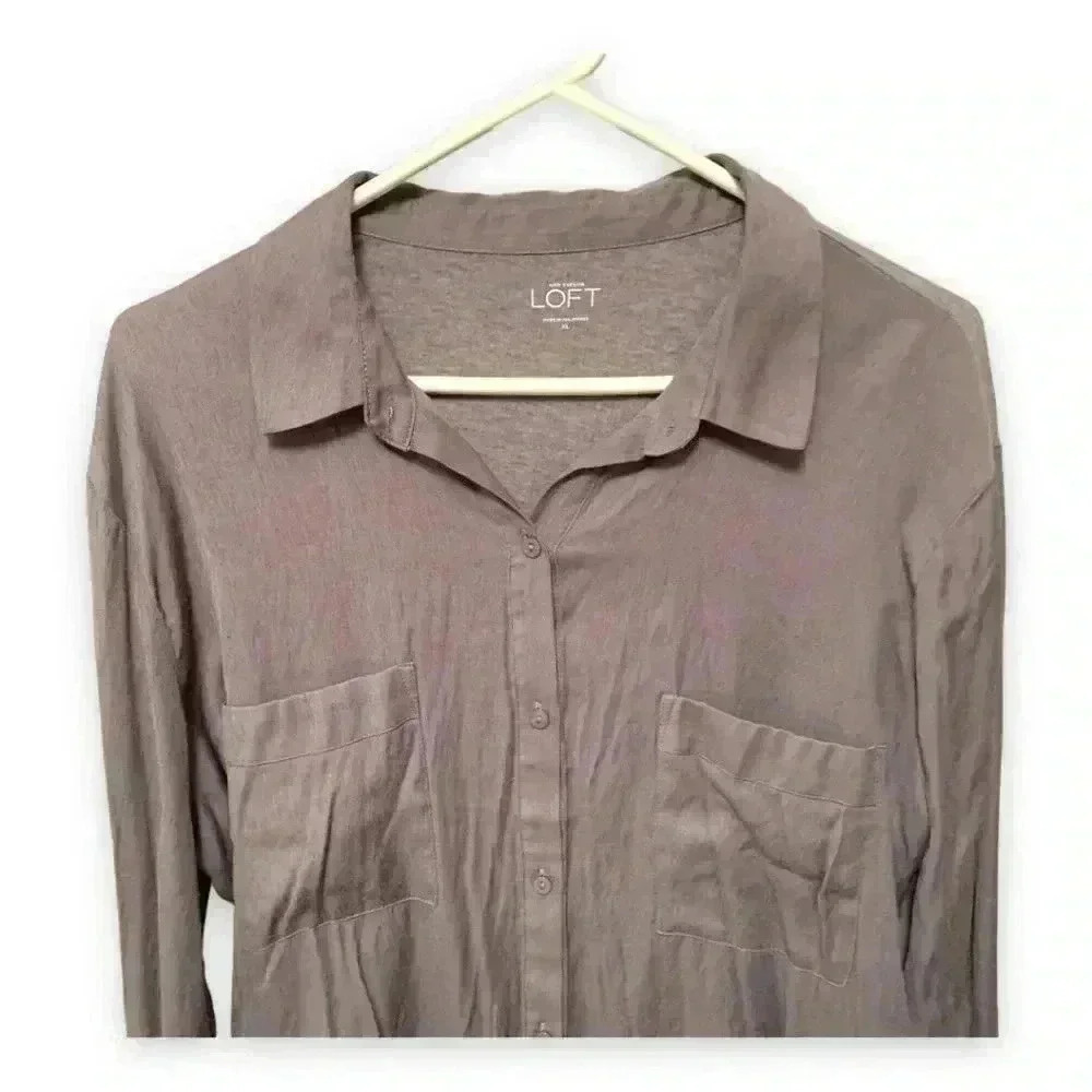 Ann Taylor Loft 2 Tone Gray Button Down Long Sleeve High Low Lightweight Blouse - Picture 5 of 10